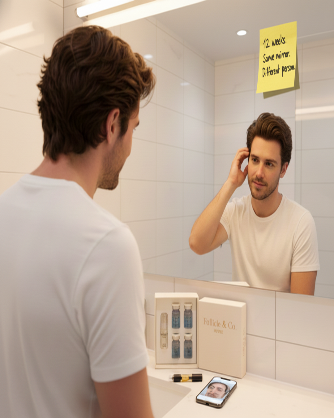 Man looking at mirror with full hair, Follicle & Co. product on counter, sticky note reading 12 weeks same mirror different person